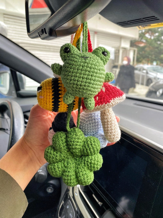 Frog Car Mirror Hanging Amigurumi - New Car Gift Crochet- Car Interior Accessory - Luck Charm