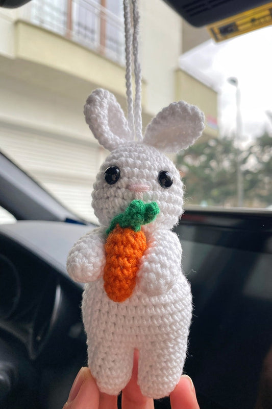 Bunny Rabbit Car Mirror Hanging Amigurumi - New Car Gift Crochet- Car Interior Accessory - Luck Charm