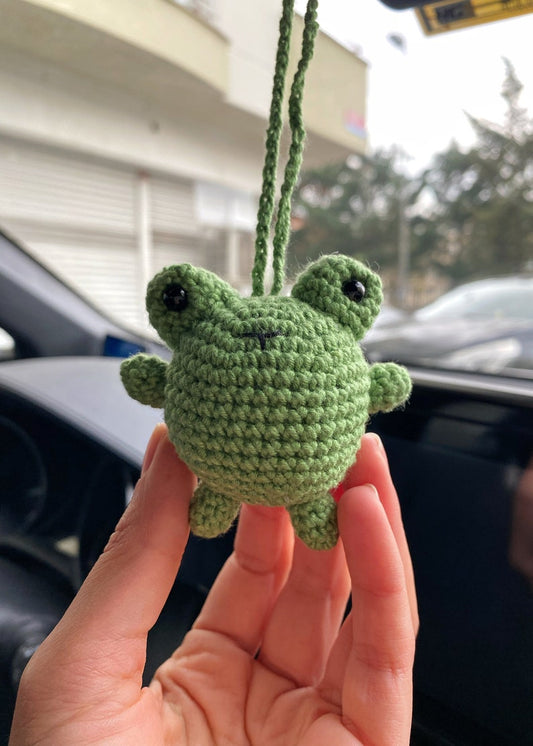 Frog Car Mirror Hanging Amigurumi - New Car Gift Crochet- Car Interior Accessory - Luck Charm