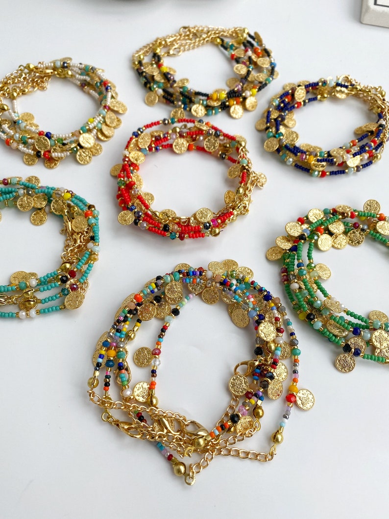 Ancient Coin Miyuki Beads Bracelet • Boho Colorful Seed Bead • Surfers Bracelet