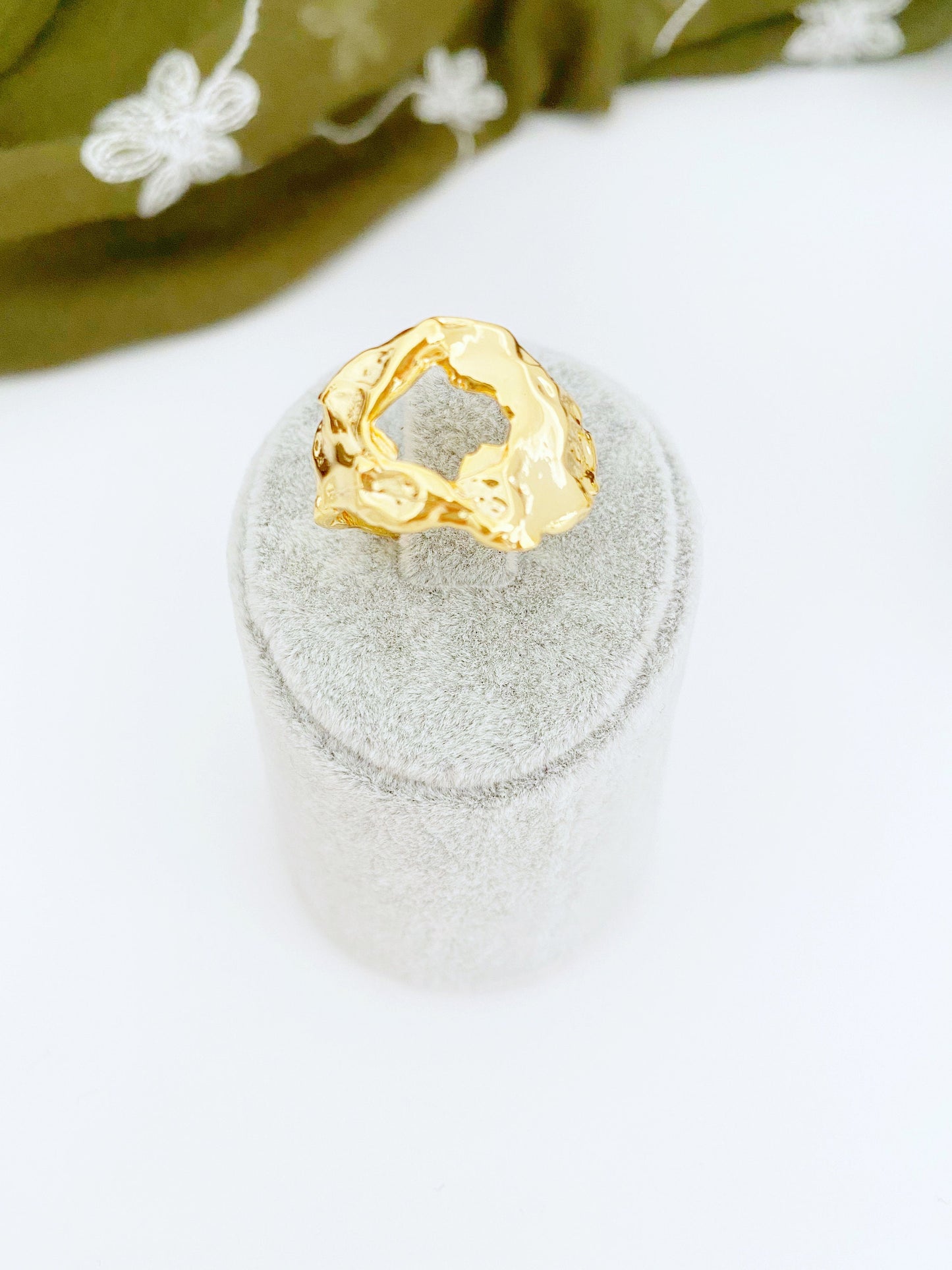 Hammered Tarnish Free Adjustable Ring • Gold Engraved Designer Ring