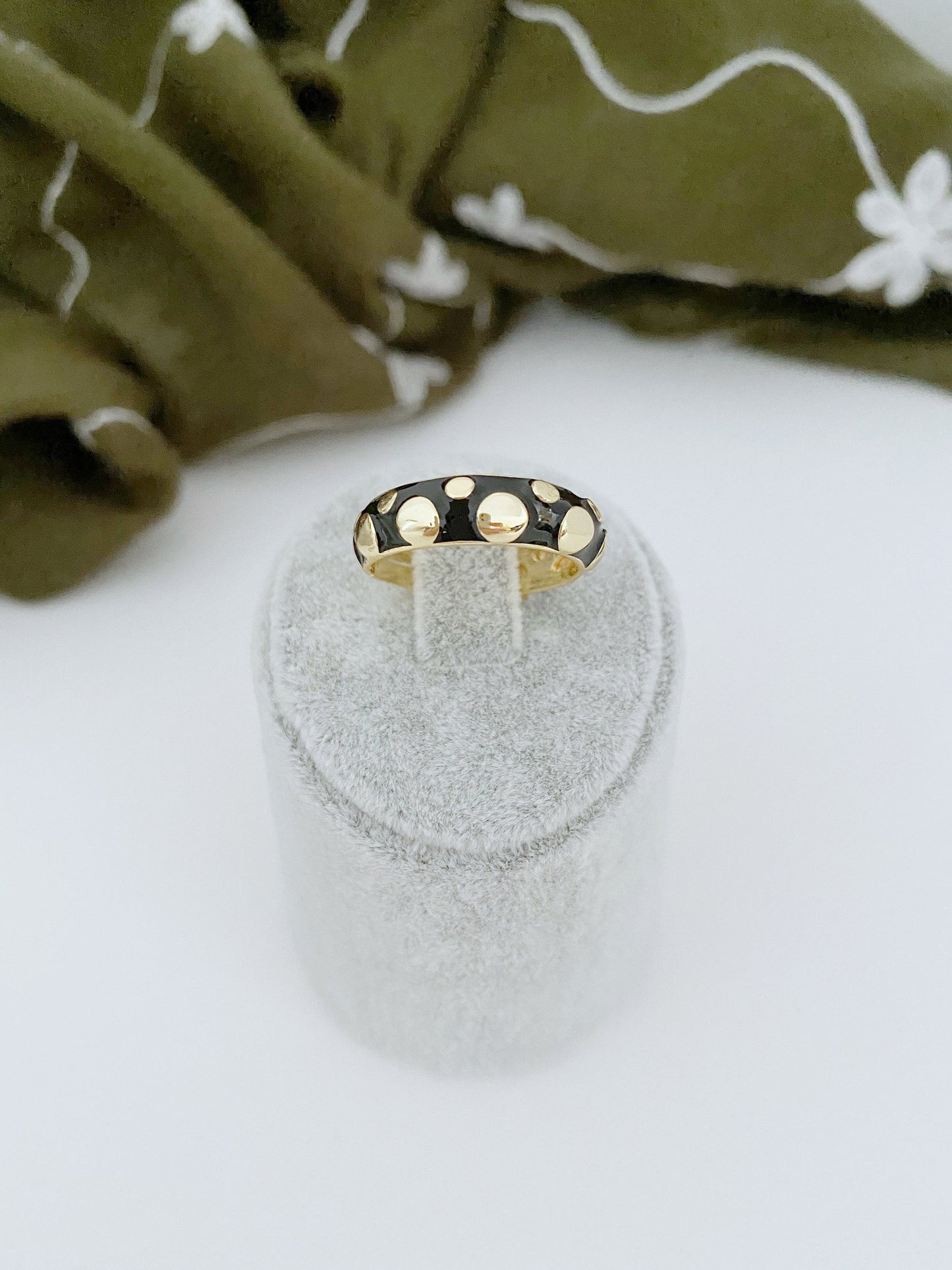 Black Enamel Ring • Gold Spotted Tarnish Free Enamel Ring