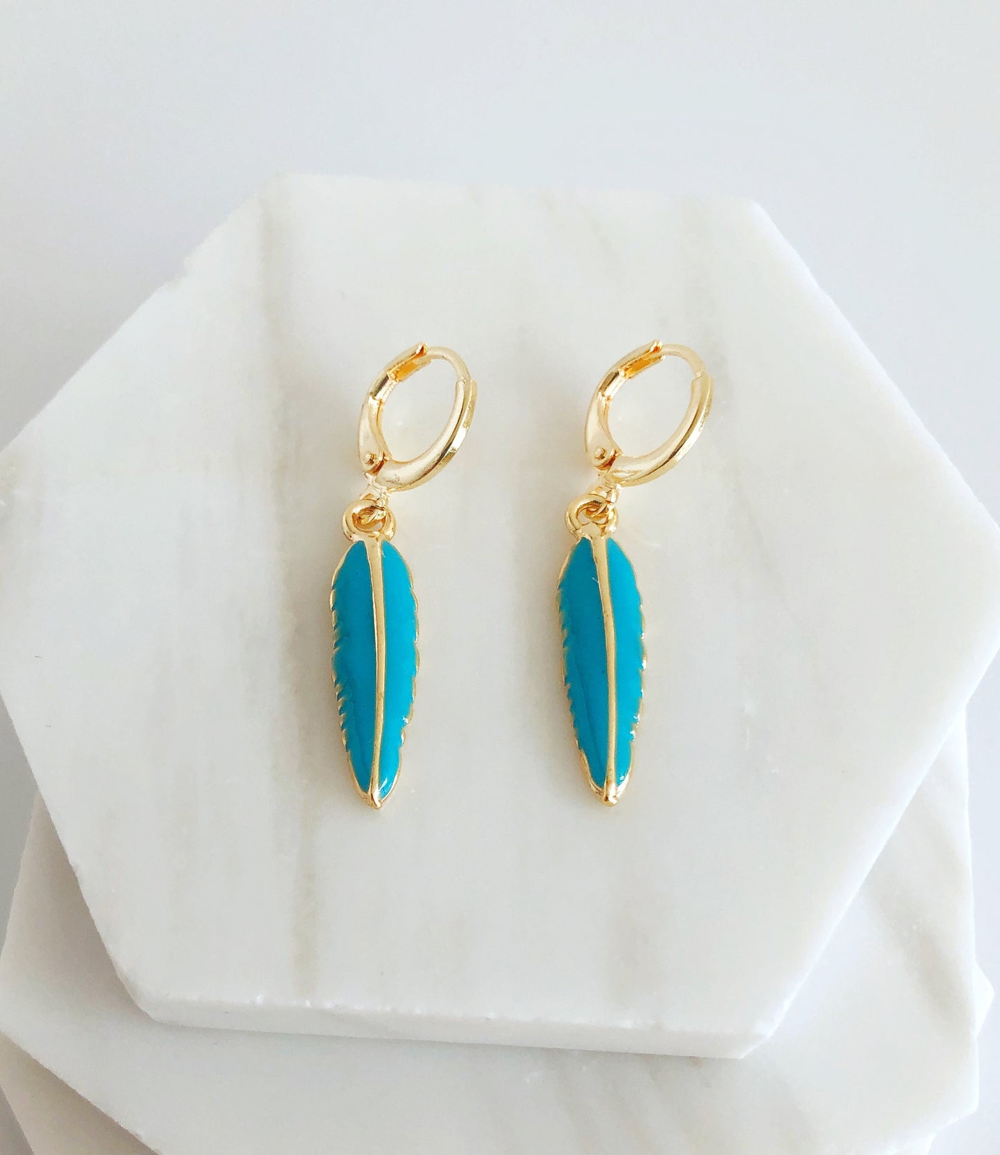 Black Feather Hoop Earring • White Feather Hoops • Turquoise Earrings