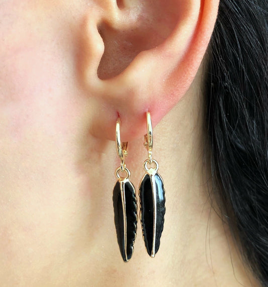 Black Feather Hoop Earring • White Feather Hoops • Turquoise Earrings