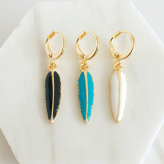 Black Feather Hoop Earring • White Feather Hoops • Turquoise Earrings