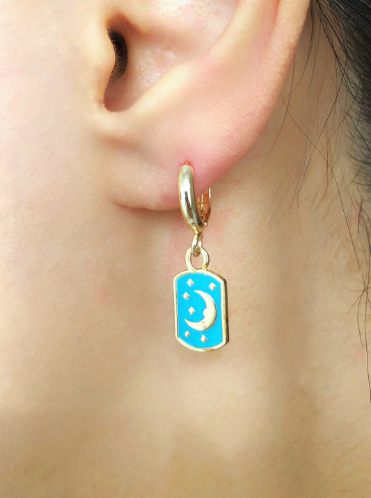 Gold Moon and Stars Hoop Earring • Blue Crescent Dangle Earrings
