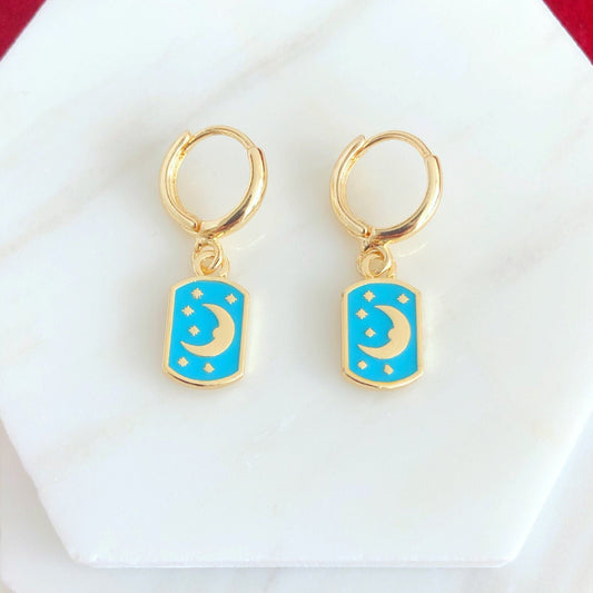 Gold Moon and Stars Hoop Earring • Blue Crescent Dangle Earrings