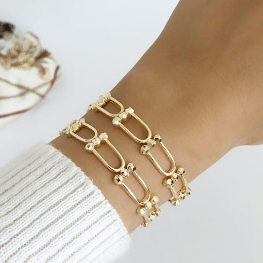 Chunky Chain Link Cuff Bracelet • Gold Paper Clip U Link Ball Bracelet
