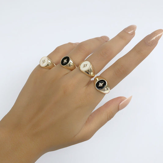 Round Black and White Signet Ring • Polaris Star Enamel Ring