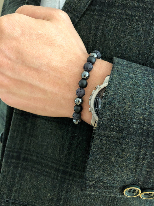 Black Onyx Lava Rock • Natural Bead Bracelet for Men • Oil Diffuser