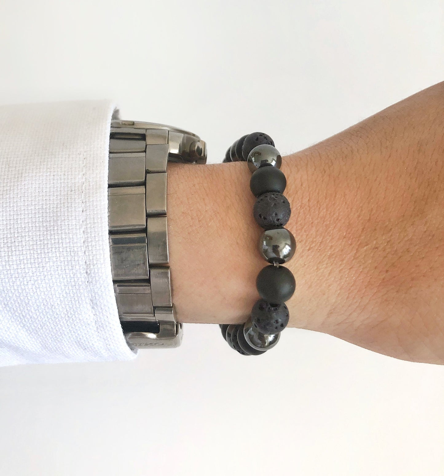 Black Onyx Lava Rock • Natural Bead Bracelet for Men • Oil Diffuser