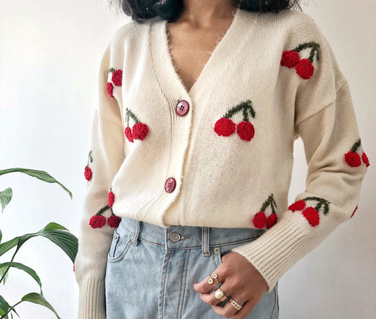 Unique Cardigan with Chunky Cherry Embroidery
