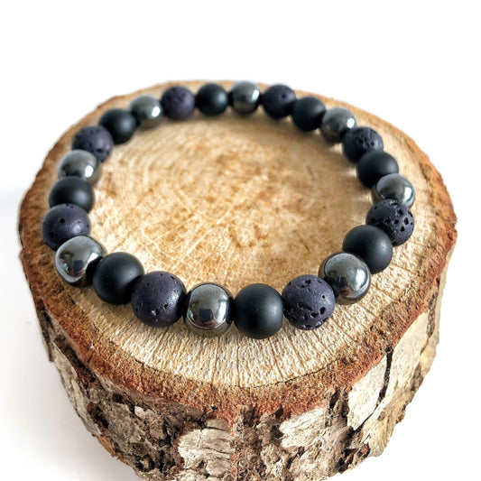 Black Onyx Lava Rock • Natural Bead Bracelet for Men • Oil Diffuser