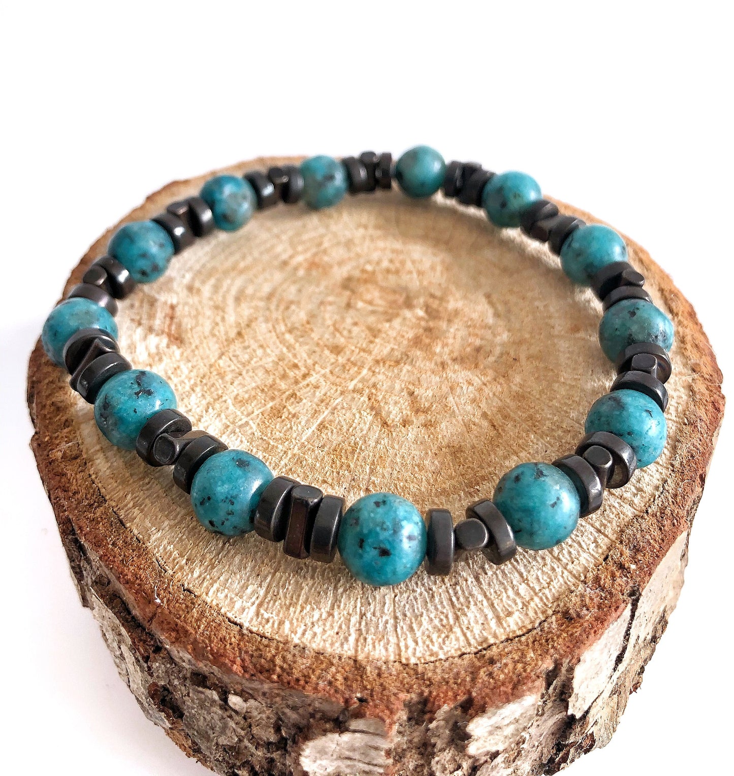 Black Onyx Lava Rock Hematite Turquoise • Stone Bead Men Bracelet