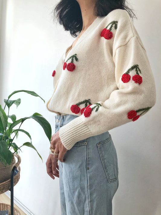Unique Cardigan with Chunky Cherry Embroidery