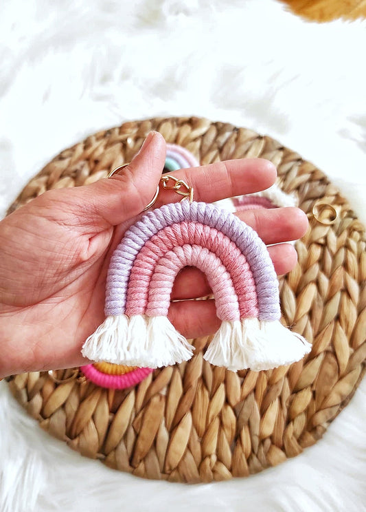 Rainbow Macrame Keychain, Boho Rainbow Lanyard, Yarn Rainbow,Organic Rainbow Bag Charm