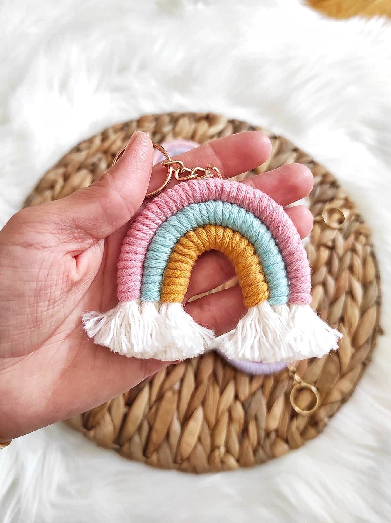 Rainbow Macrame Keychain, Boho Rainbow Lanyard, Yarn Rainbow,Organic Rainbow Bag Charm