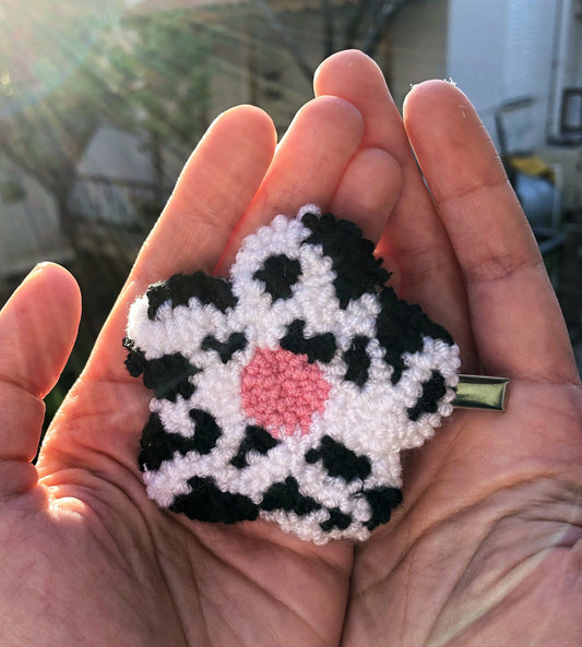 Hand Tufted Punch Needle Cow Printed Hair Clips