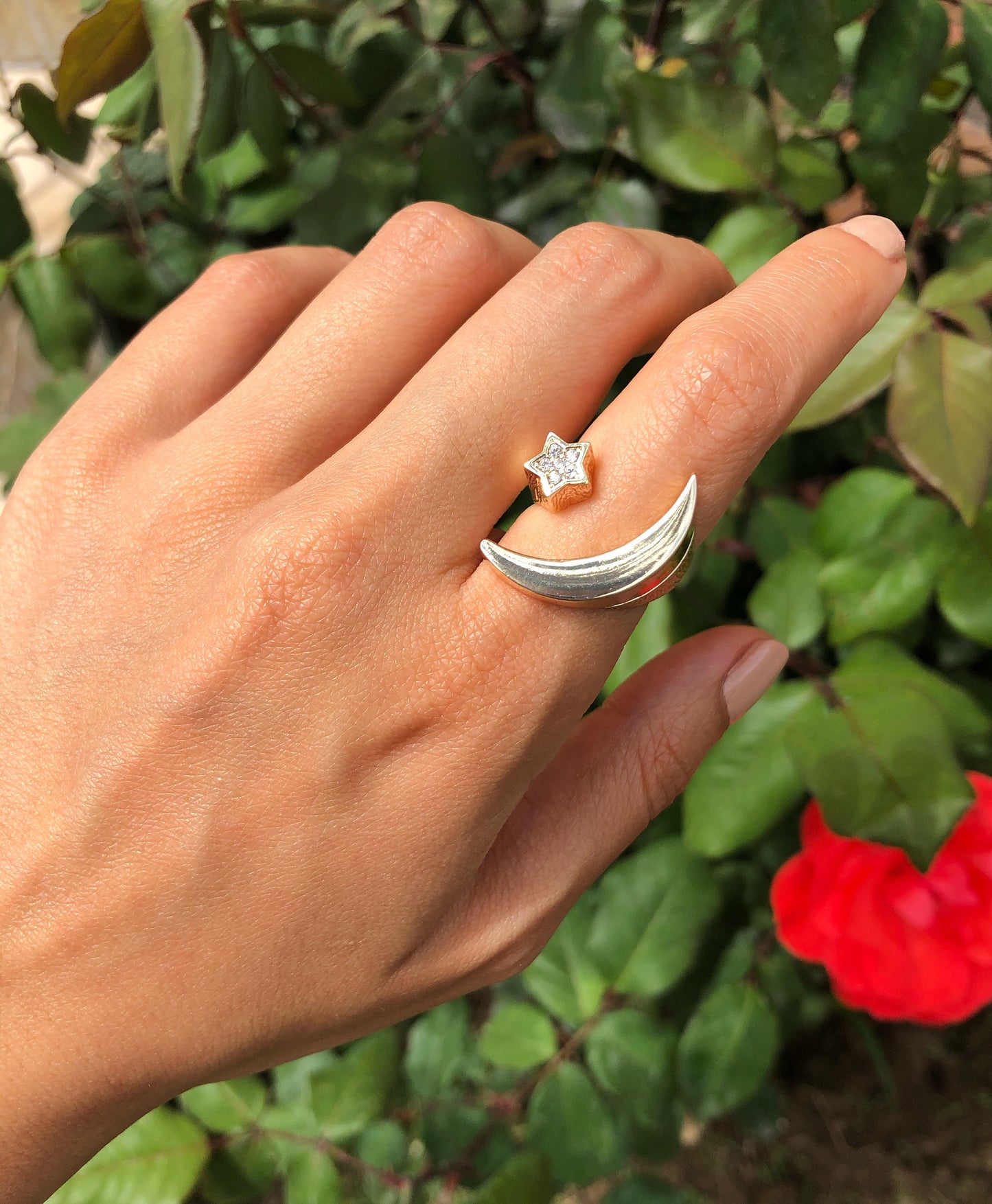 Titanium Thick Gold Bold Ring Adjustable • Crystal Star Crescent Moon