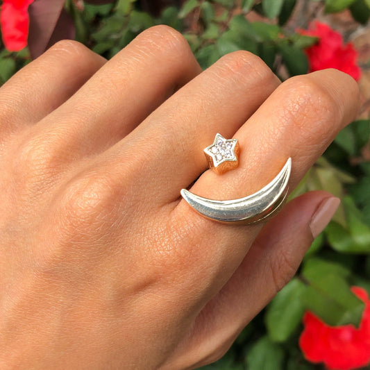 Titanium Thick Gold Bold Ring Adjustable • Crystal Star Crescent Moon