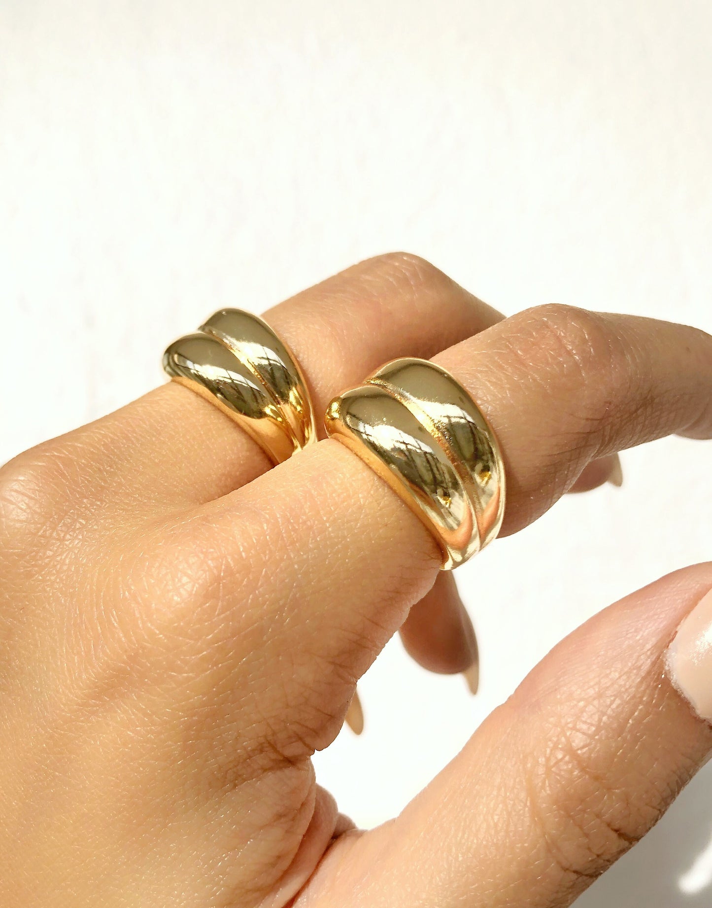 Thick Gold Bold Dome Ring Chain Chunky Bubble Circle Ring SET