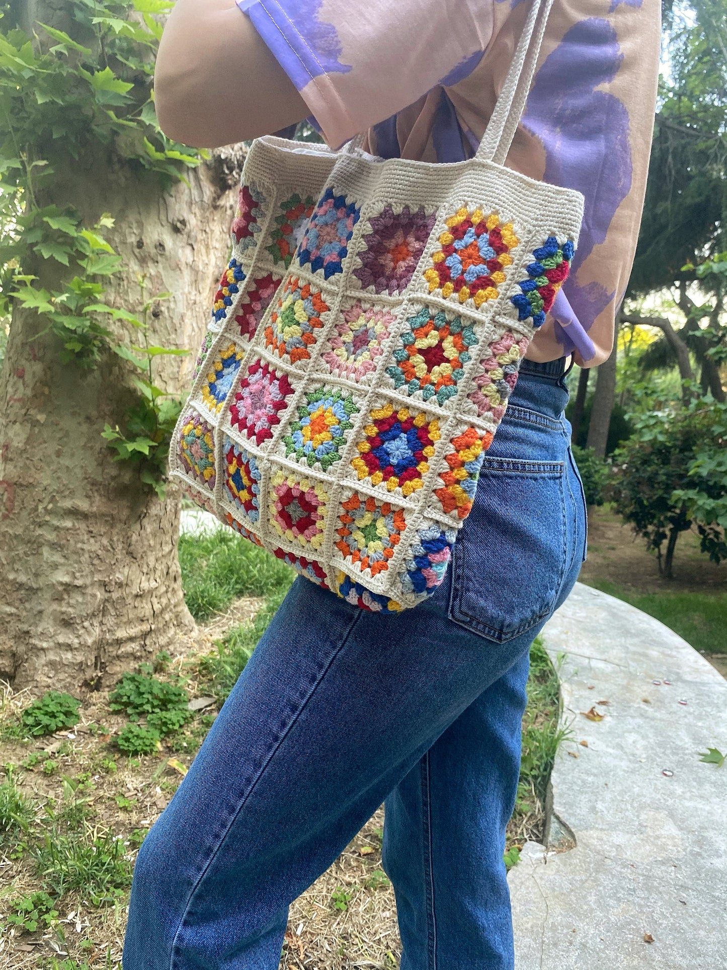 Handmade Granny Square Crochet Bag,Hand Knit Purse,Knitted Shoulder Bag