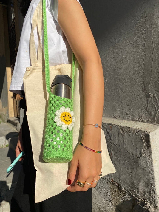 Cute Smiley Flower Bottle holder,Handmade Water Bottle Carrier