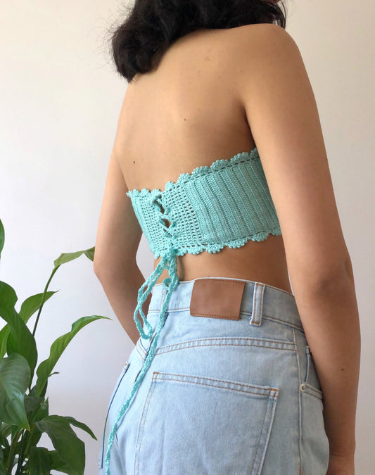 Blue Halter Style Crochet Crop Top