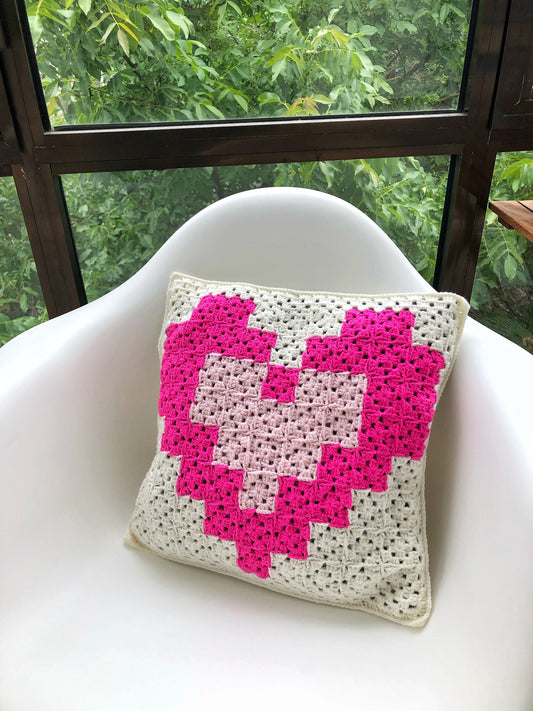 Patchwork Heart Granny Square Crochet Pillow Cover- Handmade Pillow Case