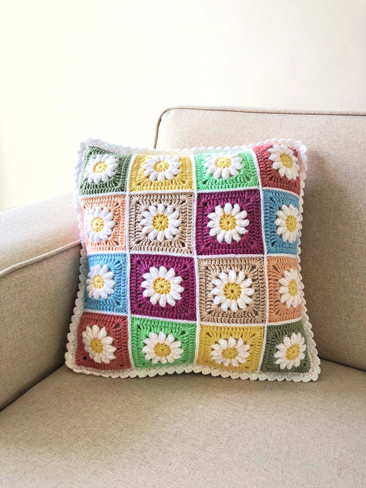 Daisy Granny Square Crochet Pillow Cover- Handmade Pillow Case