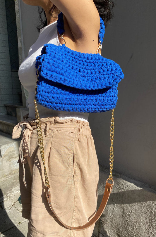 Chunky Crochet Cross Body Bag, Chic Envelope Purse Design,Messenger Bag with Gold Chain Leather Straps