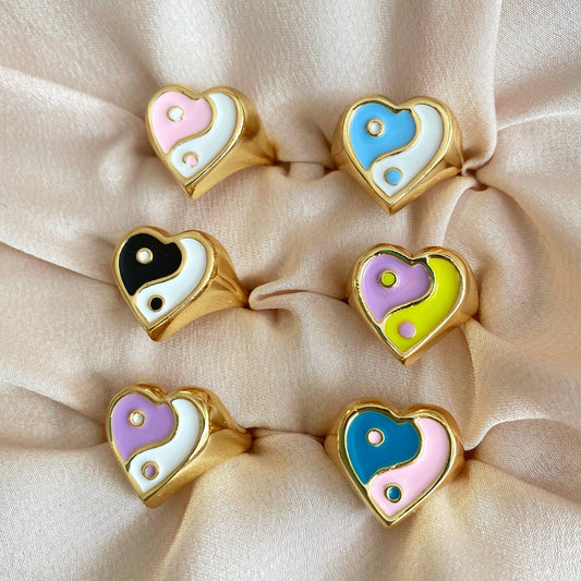 Heart Shaped Adjustable Colorful Yin Yang Chunky Taoist Love Ring
