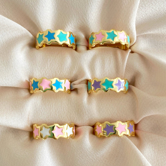 Colorful Enamel Star Ring • Summer Trendy Pink Signet Ring