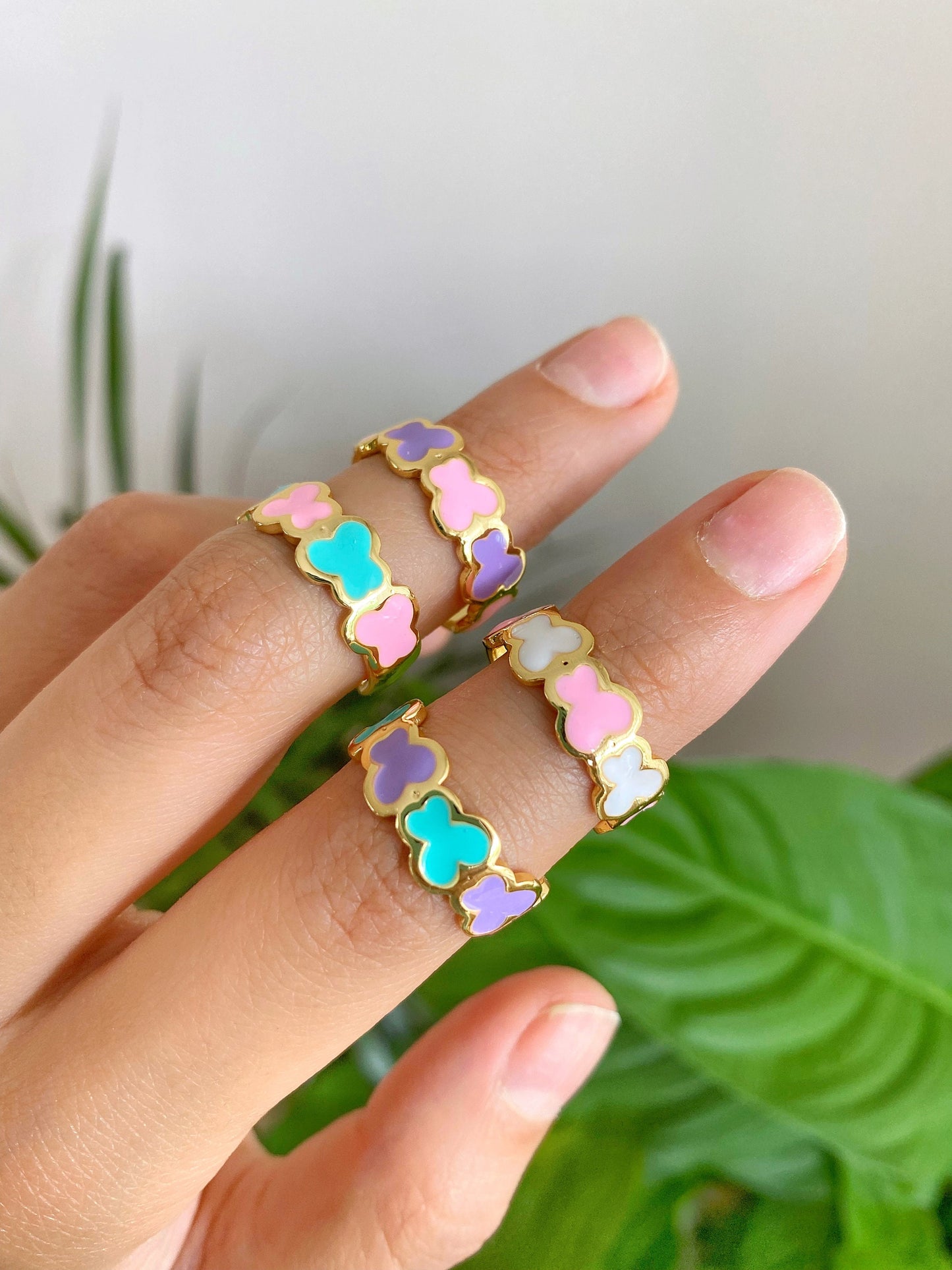 Colorful Enamel Cloud Butterfly Ring • Chain Floral Cute Summer Ring