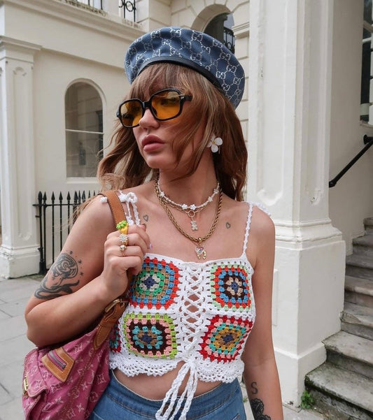 Retro Granny Square Handknitted Crochet Top