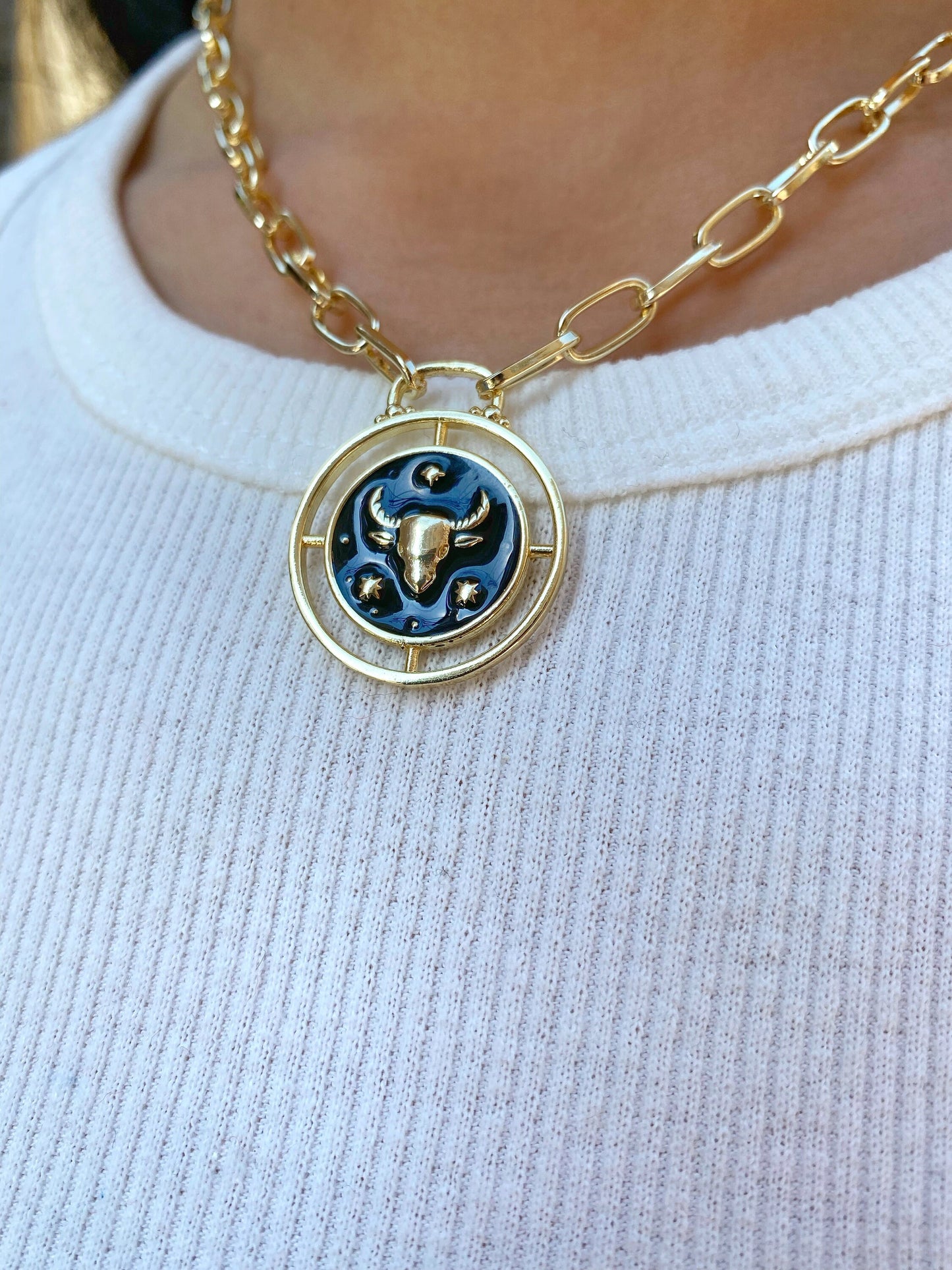 Taurus Bull Zodiac Sign Medallion Gold Coin Necklace