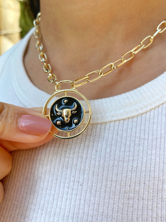 Taurus Bull Zodiac Sign Medallion Gold Coin Necklace