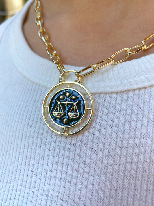 Libra Zodiac Sign Medallion Gold Necklace • Horoscope Constellation