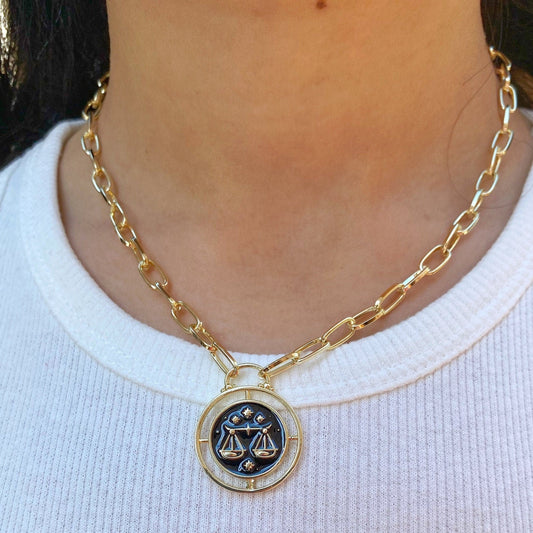 Libra Zodiac Sign Medallion Gold Necklace • Horoscope Constellation