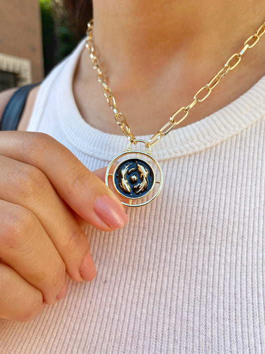 Pisces Fish Zodiac Sign Medallion Gold Coin Necklace