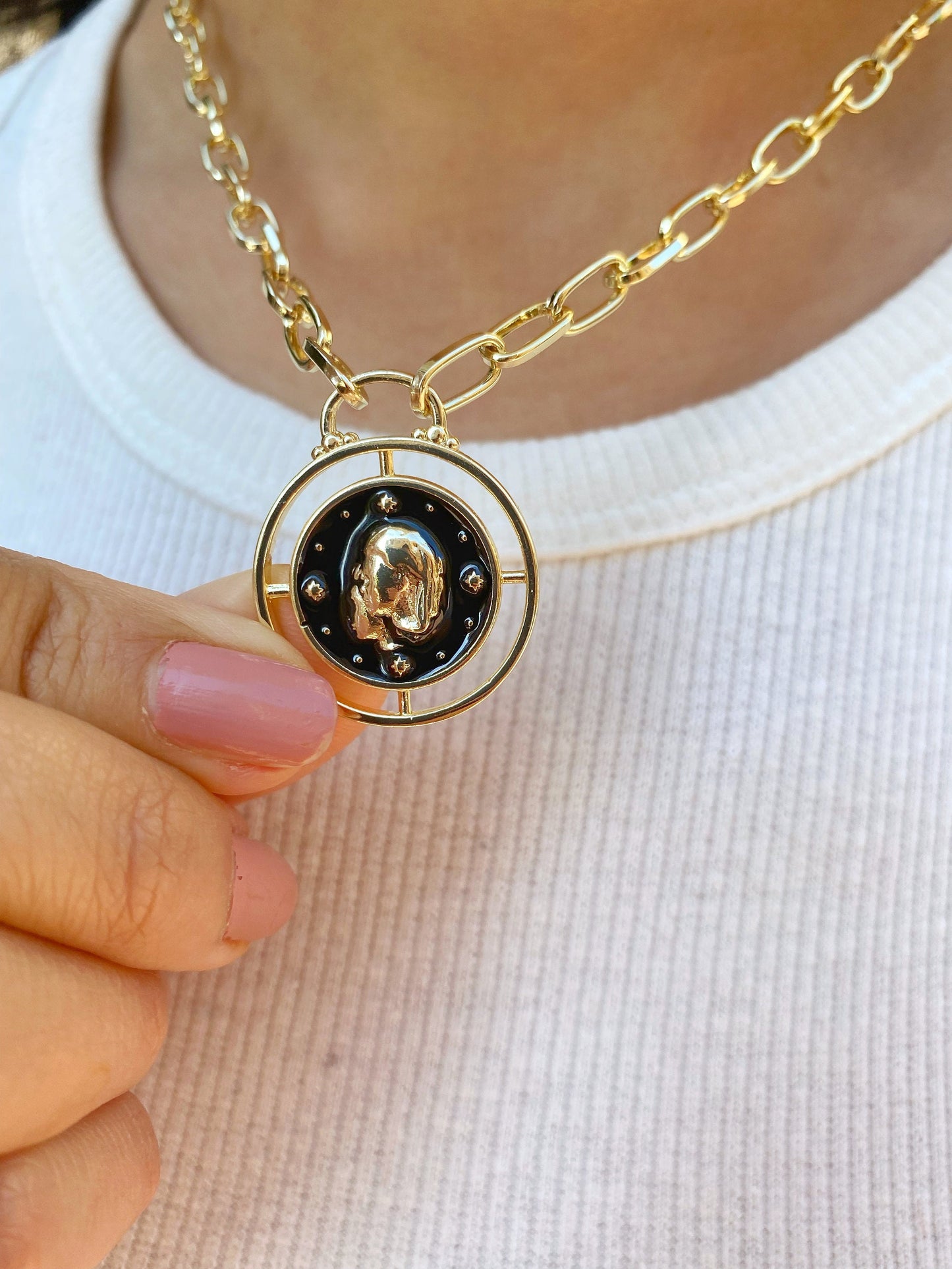 Gemini Zodiac Sign Medallion Gold Coin Necklace • Twins Rising Star