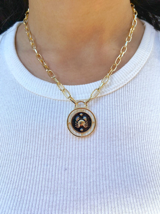 Cancer Zodiac Sign Medallion Coin Necklace • Crab Rising Star Moon