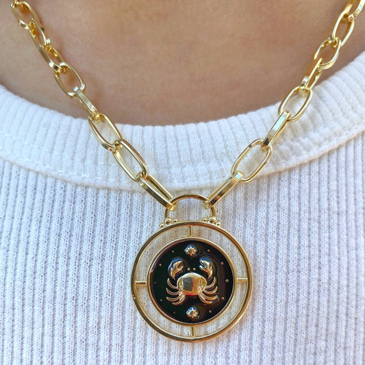 Cancer Zodiac Sign Medallion Coin Necklace • Crab Rising Star Moon
