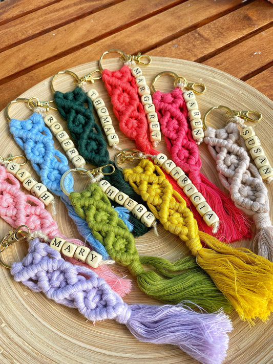 Personalizable Macrame Keychain,Custom Name Bead Handmade Lanyard, Bag Charm,Car Mirror Accessories,Baby Shower,Birthday, Bridal Shower Gift