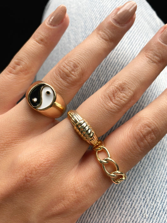 Yin Yang Chunky Ring • Gold Enamel Signet Ring Taoist Jewelry