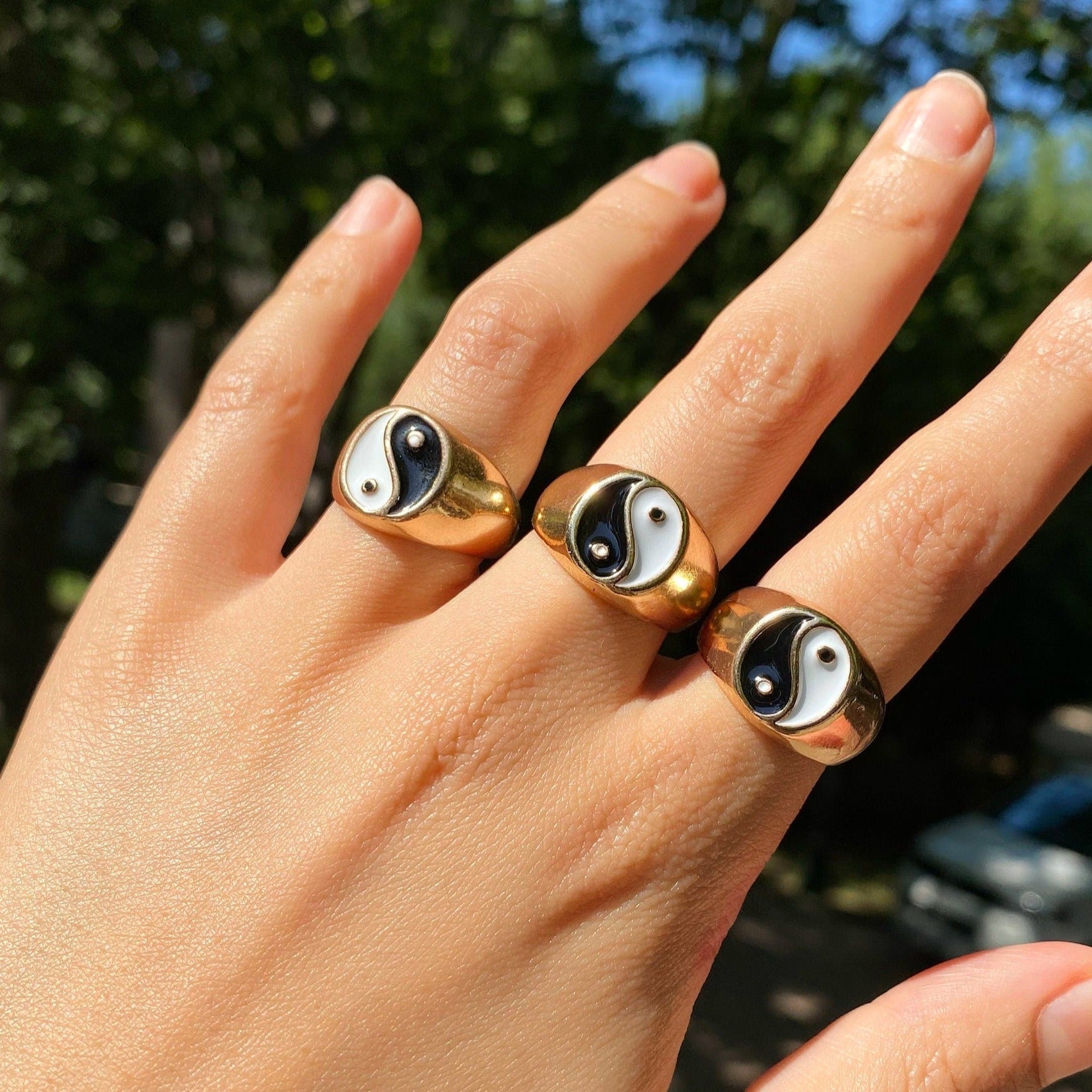 Yin Yang Chunky Ring • Gold Enamel Signet Ring Taoist Jewelry
