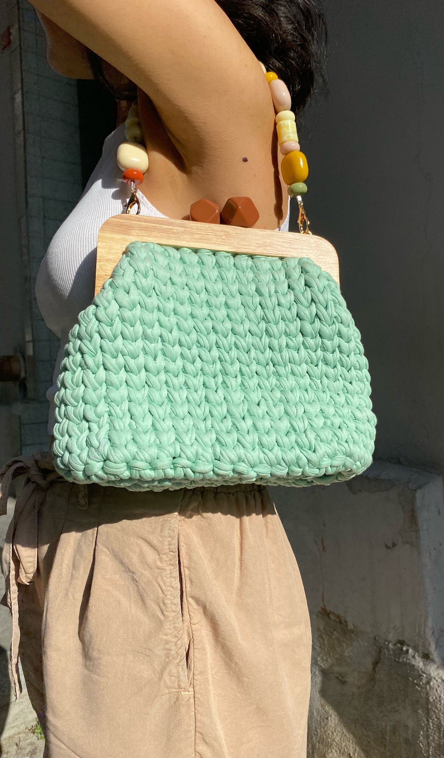 Handmade Wood Frame Crochet Clutch Bag