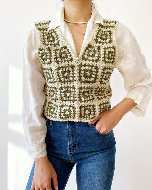Handknitted Crochet Vest with Retro Granny Squares