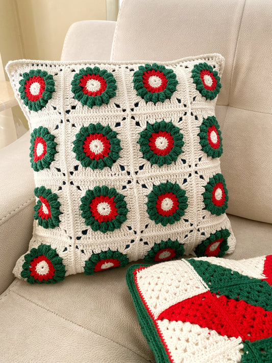 Crochet Christmas Granny Square Crochet Pillow Cover- Handmade Pillow Case