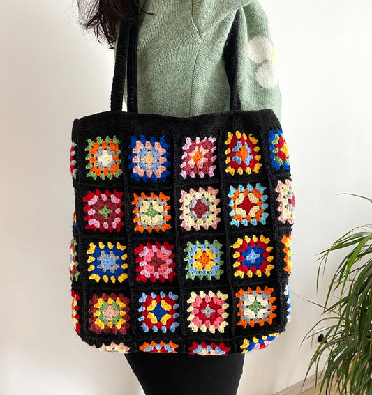 Handmade Granny Square Crochet Bag,Hand Knit Purse,Knitted Shoulder Bag